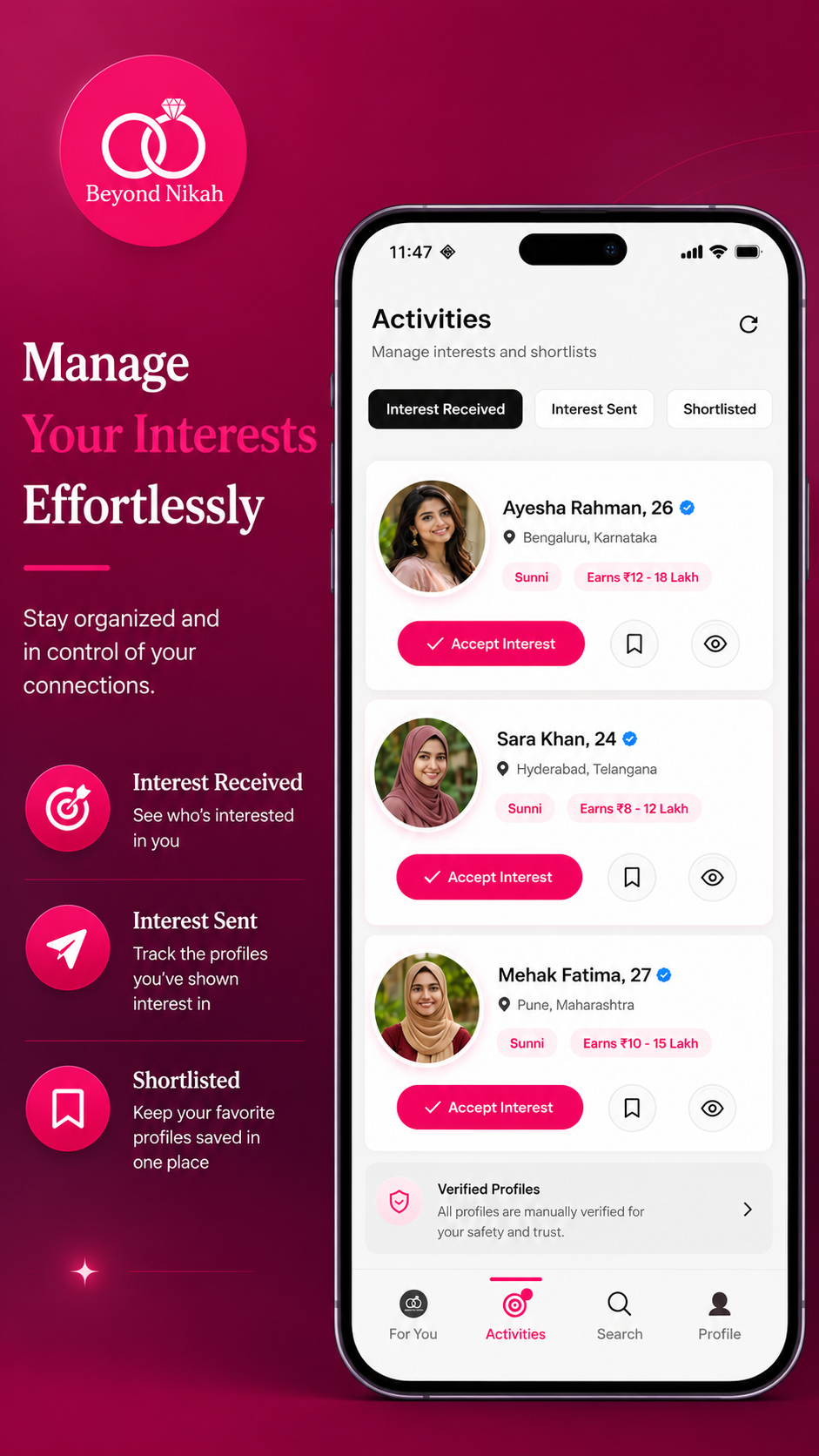 Beyond Nikah app interface showing activity logs for likes and shortlists