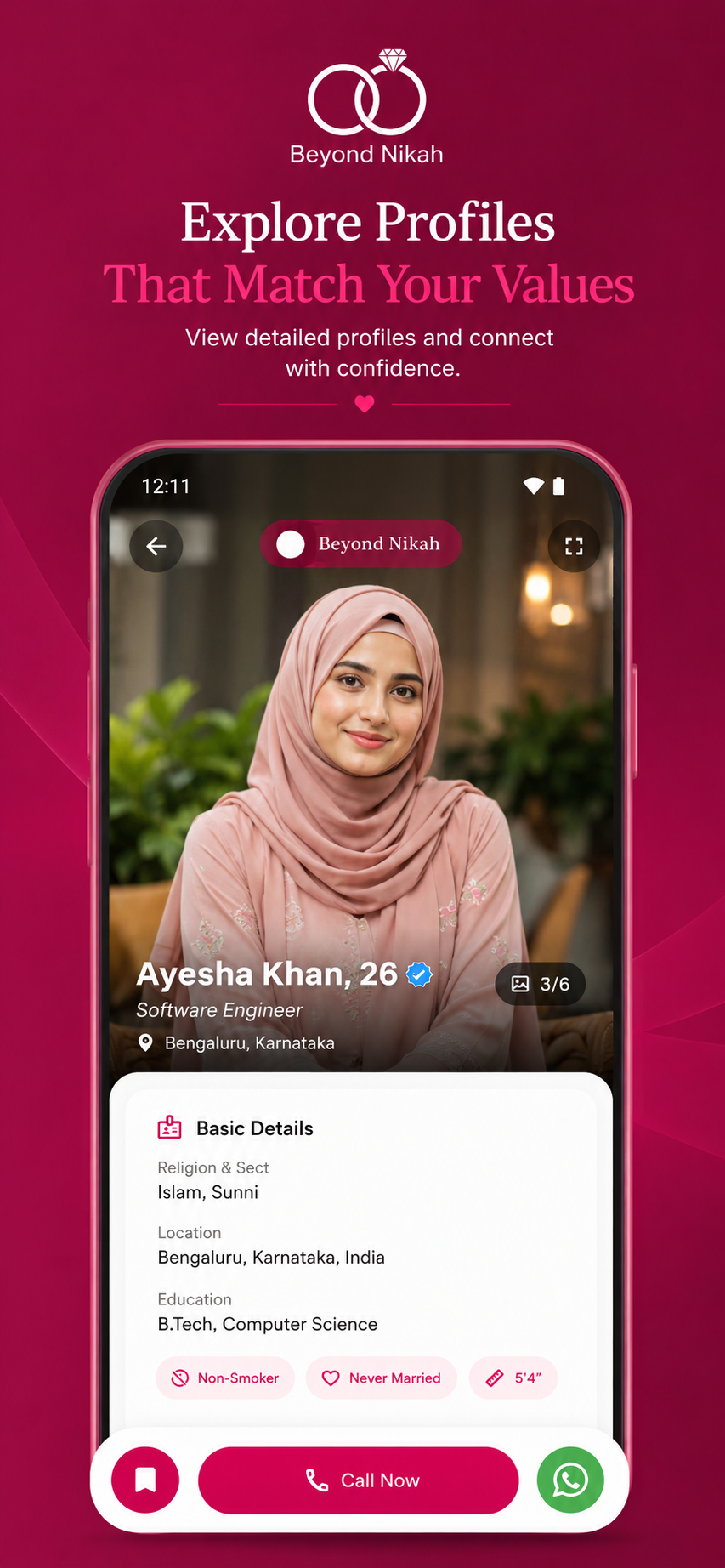 Beyond Nikah app profile details showing values, backgrounds, and preferences